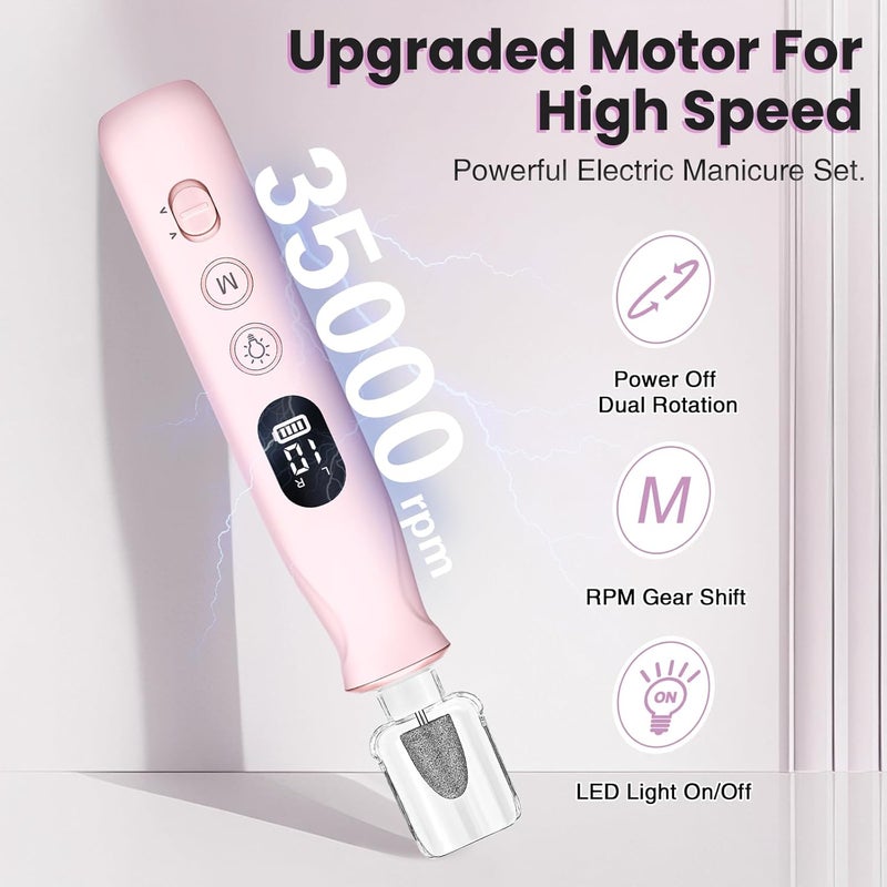 VFD Electric Nail Drill, Cordless 2000 mAh Rechargeable Portable Nail File 12 in 1 Kit for Thick Toenails, 10 Speeds Nail Dril Machine Professional Manicure Pedicure for Hand Natural Nails Care (Pink) - Image 4